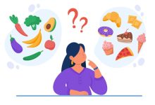 Healthy vs unhealthy food vector flat illustration. Woman thinking over junk food and organic snack.