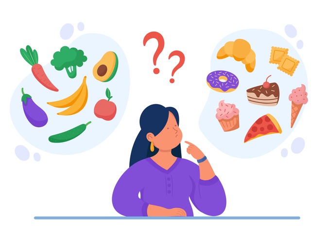 Healthy vs unhealthy food vector flat illustration. Woman thinking over junk food and organic snack.